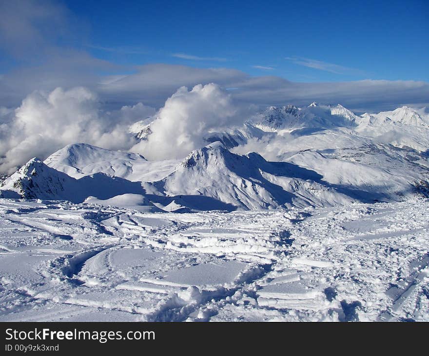 A picture from 2500m in Alpine ski-resort La Plagne, France,. A picture from 2500m in Alpine ski-resort La Plagne, France,