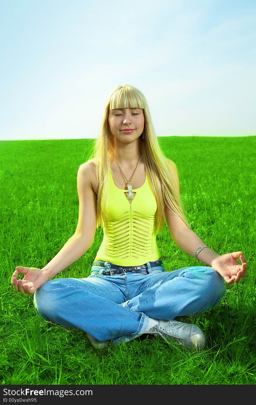 Beauty young woman jump in field