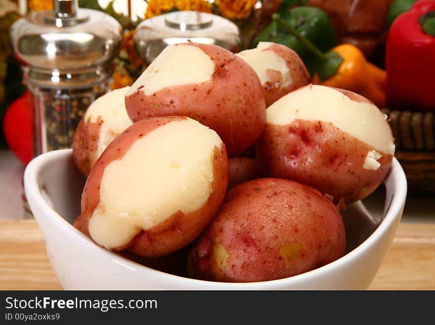 Bowl of boiled red potatoes in kitchen or restauarant. Bowl of boiled red potatoes in kitchen or restauarant