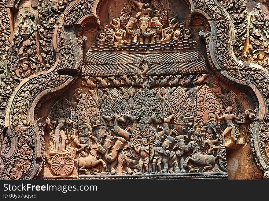 In Cambodia, in Angkor the 10th century temple of Banteay Srey was dedicated to the god Siva. The temple is known as �the jewel of the khmer art�. Here a carved pediment. In Cambodia, in Angkor the 10th century temple of Banteay Srey was dedicated to the god Siva. The temple is known as �the jewel of the khmer art�. Here a carved pediment