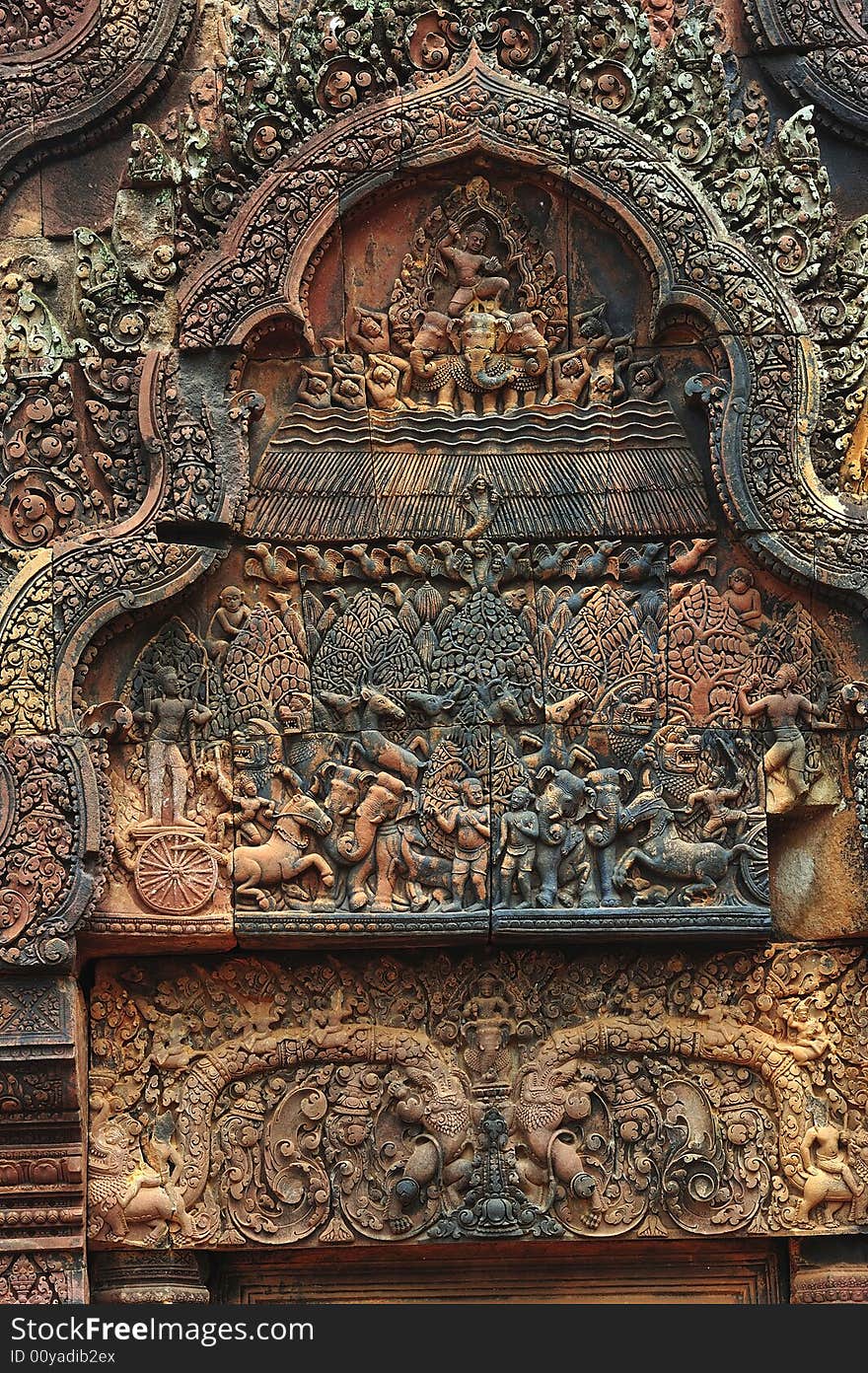 In Cambodia, in Angkor the 10th century temple of Banteay Srey was dedicated to the god Siva. The temple is known as �the jewel of the khmer art�. Here a carved pediment. In Cambodia, in Angkor the 10th century temple of Banteay Srey was dedicated to the god Siva. The temple is known as �the jewel of the khmer art�. Here a carved pediment