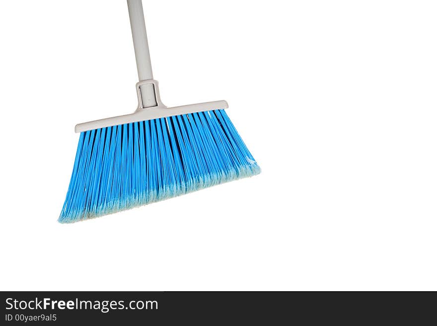 A blue broom on a white background with copy space