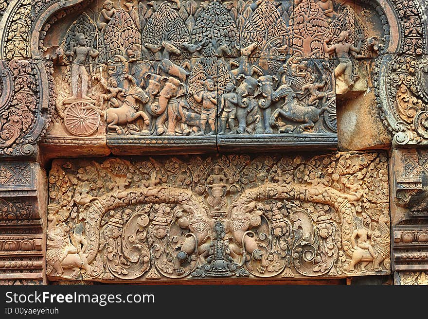 In Cambodia, in Angkor the 10th century temple of Banteay Srey was dedicated to the god Siva. The temple is known as �the jewel of the khmer art�. Here a elaborated carved pediment. In Cambodia, in Angkor the 10th century temple of Banteay Srey was dedicated to the god Siva. The temple is known as �the jewel of the khmer art�. Here a elaborated carved pediment