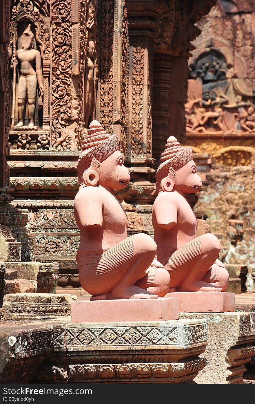 In Cambodia, in Angkor the 10th century temple of Banteay Srey was dedicated to the god Siva. The temple is known as �the jewel of the khmer art�. Here two guardians of the temple. In Cambodia, in Angkor the 10th century temple of Banteay Srey was dedicated to the god Siva. The temple is known as �the jewel of the khmer art�. Here two guardians of the temple