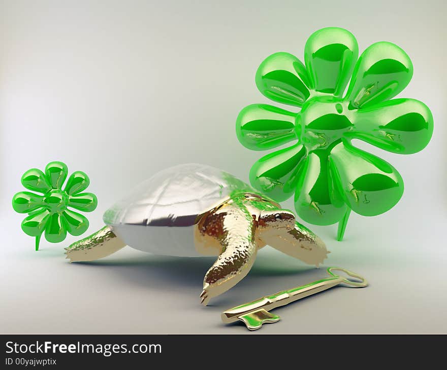 Turtle with gold key, 3D render