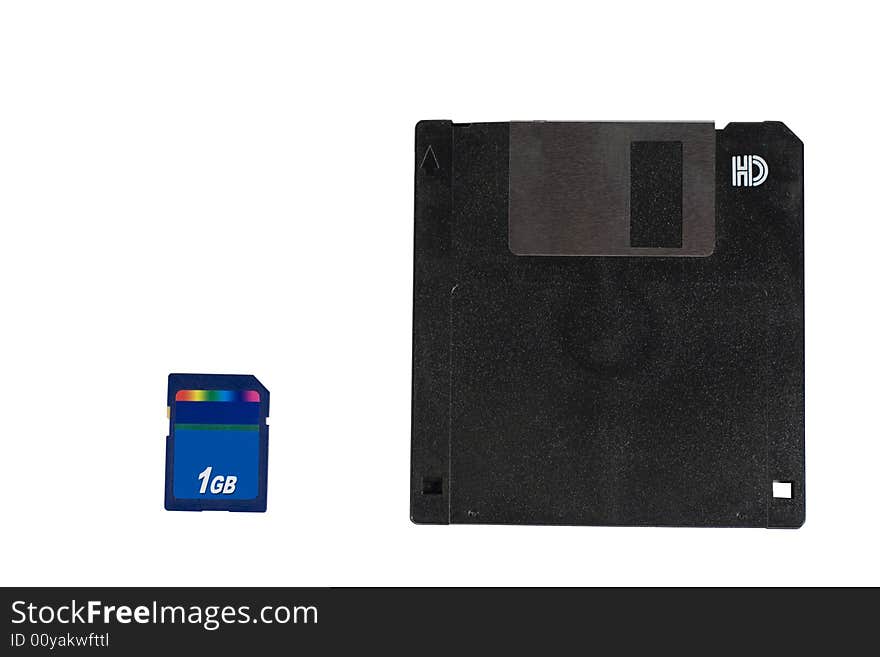 Old floppy disk and 1 GB flash card (isolated on white)