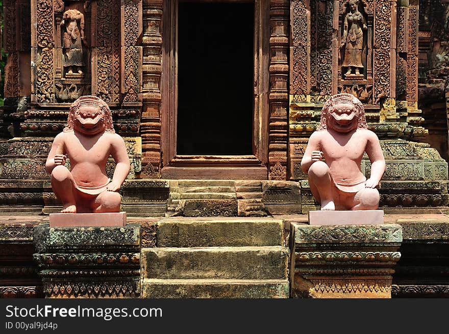 In Cambodia, in Angkor the 10th century temple of Banteay Srey was dedicated to the god Siva. The temple is known as �the jewel of the khmer art�. Here two guardians of the temple. In Cambodia, in Angkor the 10th century temple of Banteay Srey was dedicated to the god Siva. The temple is known as �the jewel of the khmer art�. Here two guardians of the temple