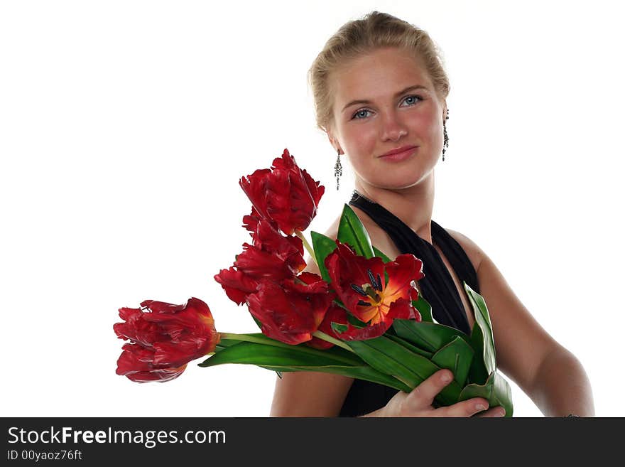 Woman In Dress With Tulips