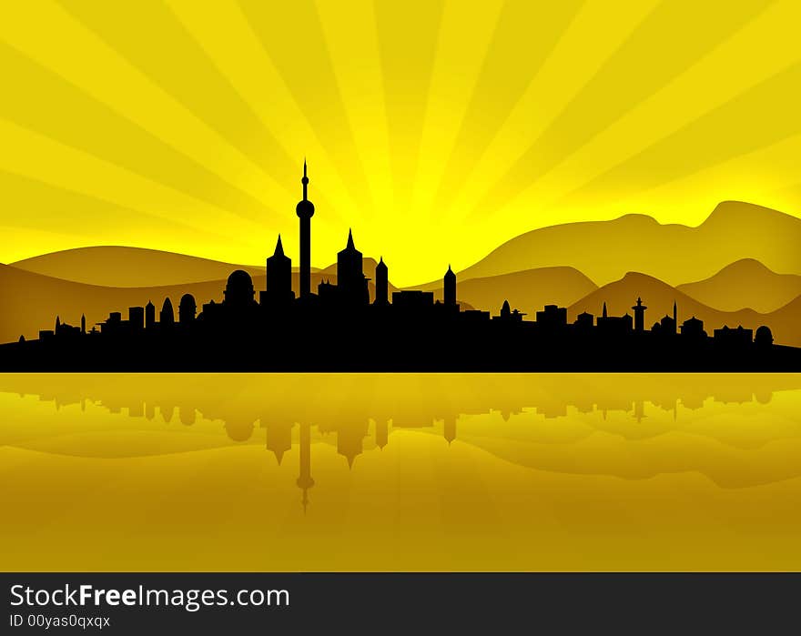 Sunrise cityscape silhouette and big hills. Sunrise cityscape silhouette and big hills