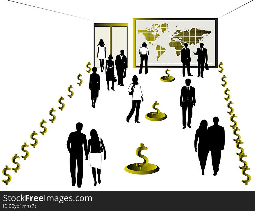 Illustration of business people, dollars and map. Illustration of business people, dollars and map