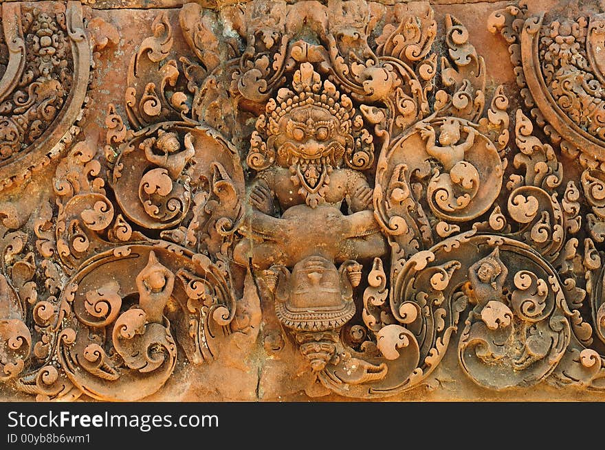 In Cambodia, in Angkor the 10th century temple of Banteay Srey was dedicated to the god Siva. The temple is known as �the jewel of the khmer art�. Here a carved pediment. In Cambodia, in Angkor the 10th century temple of Banteay Srey was dedicated to the god Siva. The temple is known as �the jewel of the khmer art�. Here a carved pediment