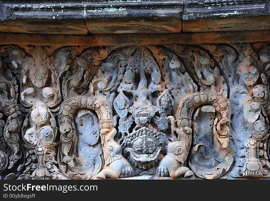 In Cambodia, in Angkor the hindu temple of Banteay Samre was built by Suryavarman II and Yasovarman II in the 12th century. Here a detail of a carved lintel. In Cambodia, in Angkor the hindu temple of Banteay Samre was built by Suryavarman II and Yasovarman II in the 12th century. Here a detail of a carved lintel