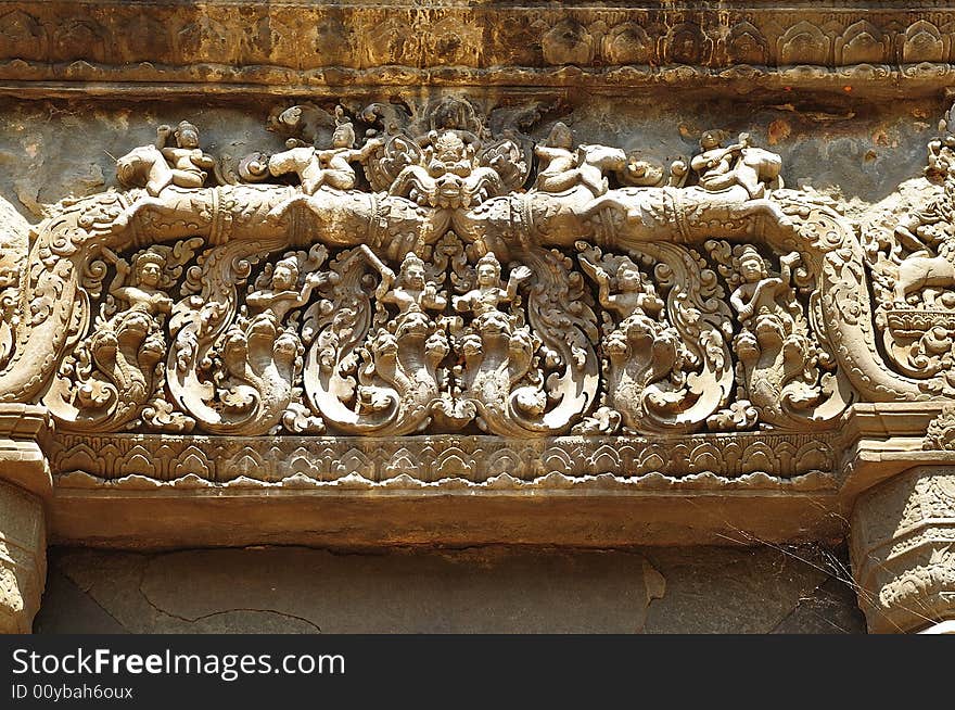 In Cambodia in the ancient city of Roulos the Hindu temple of Preah Ko or� The sacred bull� was built in the 9th century by the king Indravarman. View of a carved lintel. In Cambodia in the ancient city of Roulos the Hindu temple of Preah Ko or� The sacred bull� was built in the 9th century by the king Indravarman. View of a carved lintel