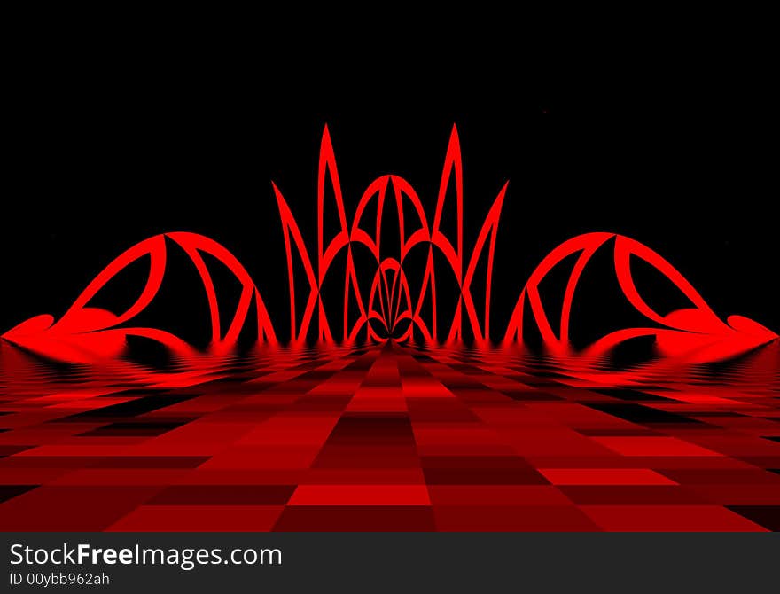 Abstract illustration, red ornament from the colors and the tapes limit flat surface, absolutely black background. Abstract illustration, red ornament from the colors and the tapes limit flat surface, absolutely black background.