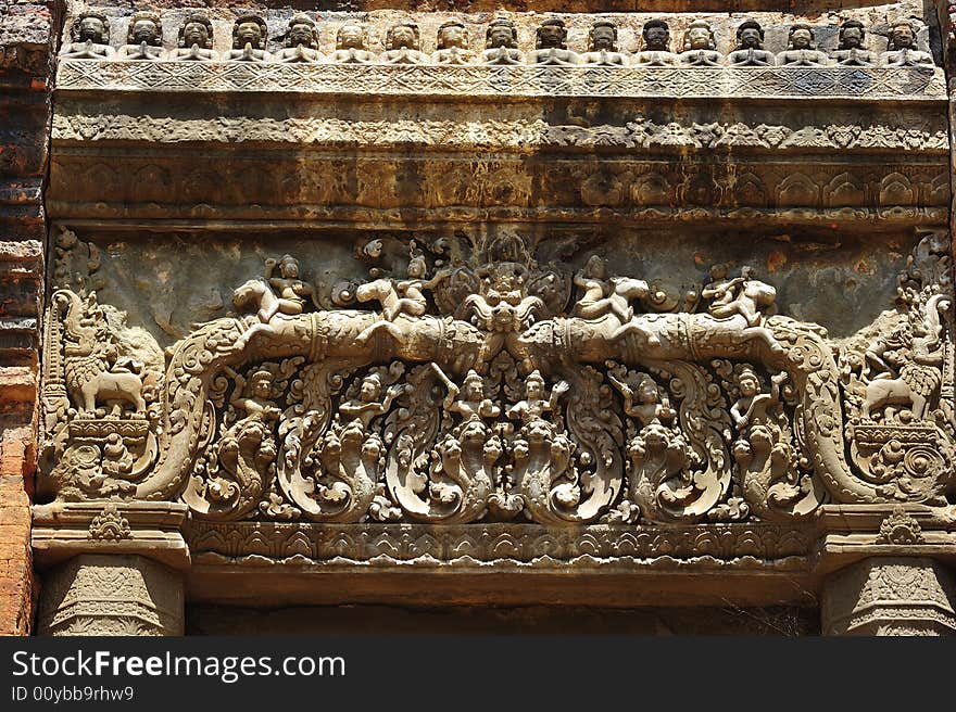 In Cambodia in the ancient city of Roulos the Hindu temple of Preah Ko or� The sacred bull� was built in the 9th century by the king Indravarman. View of a carved lintel. In Cambodia in the ancient city of Roulos the Hindu temple of Preah Ko or� The sacred bull� was built in the 9th century by the king Indravarman. View of a carved lintel