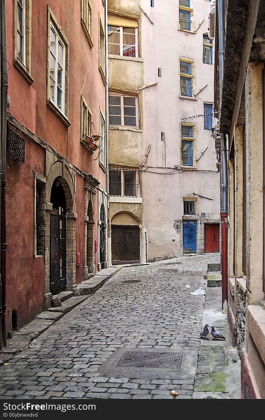 Narrow cobbled street in old Lyon (Lyon)