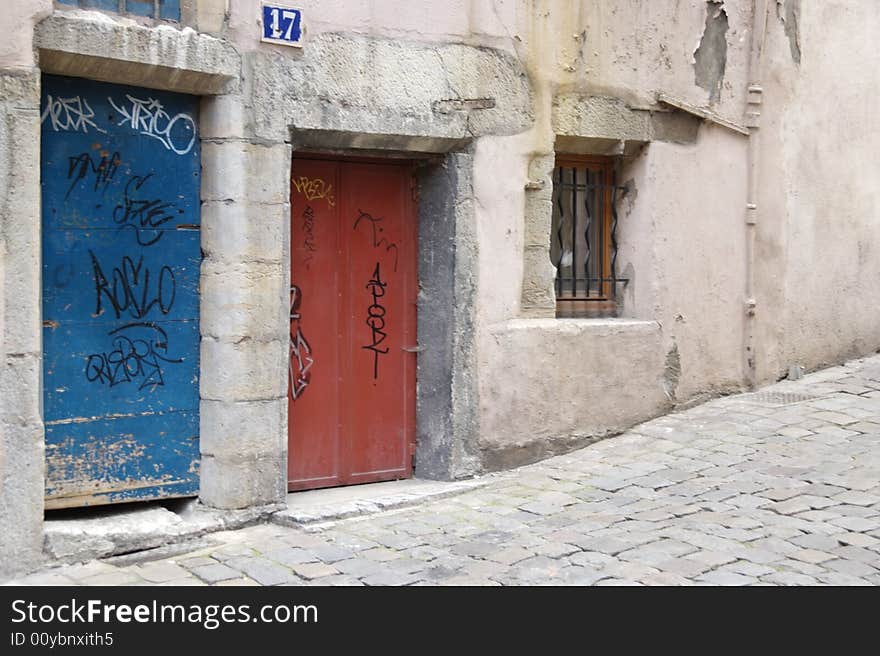 Detail of a narrow cobbled street in old Lyon (Lyon). Detail of a narrow cobbled street in old Lyon (Lyon)