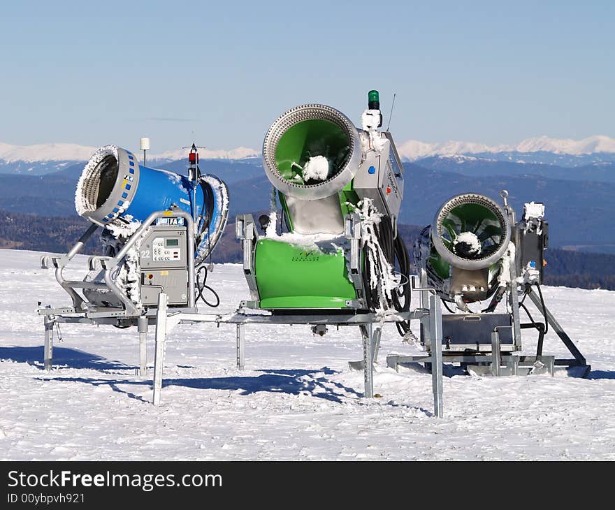 Snow cannons on the top of a muntain. Snow cannons on the top of a muntain