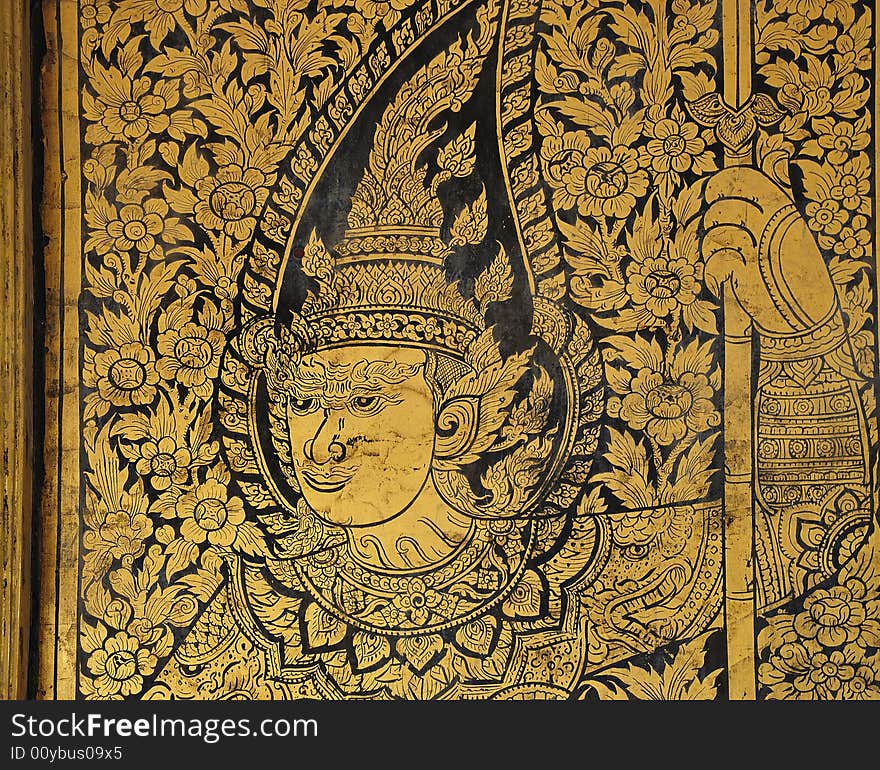 In Thailand, in Bangkok, the wat Suthat Thepwararam is a royal temple from the 19th century; the temple is remarkable for its ancient murals and its collection of Buddha images; detail of a painting door. In Thailand, in Bangkok, the wat Suthat Thepwararam is a royal temple from the 19th century; the temple is remarkable for its ancient murals and its collection of Buddha images; detail of a painting door
