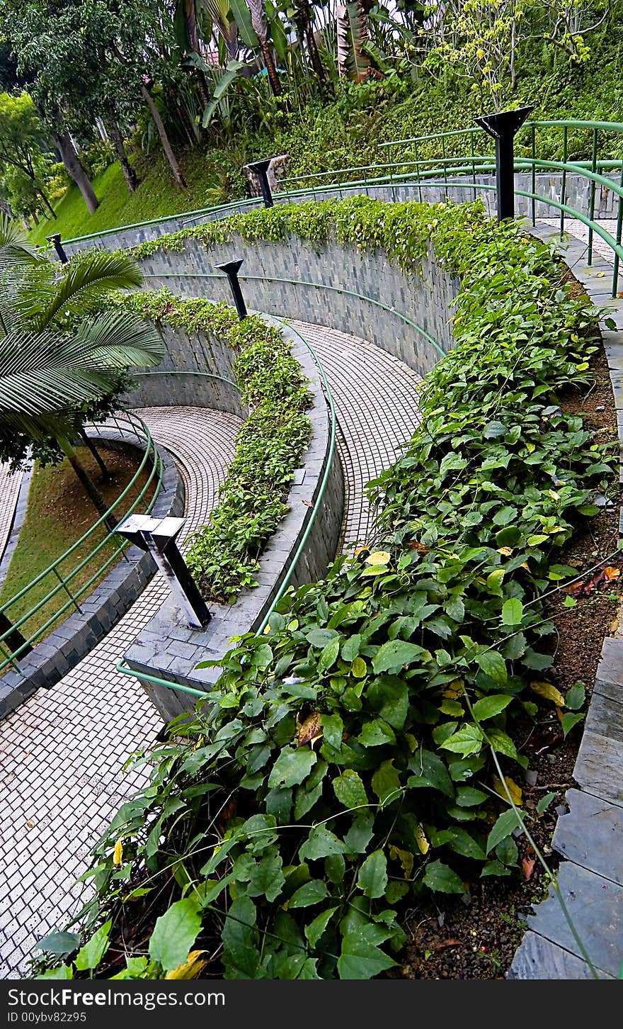 A curve pathway with plants and railing