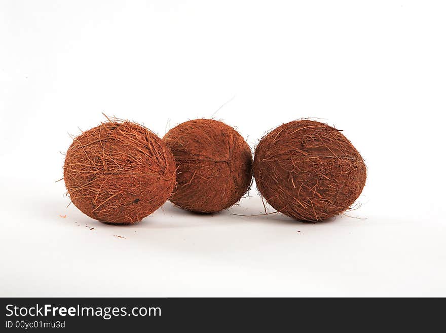 Three coconuts on a white background