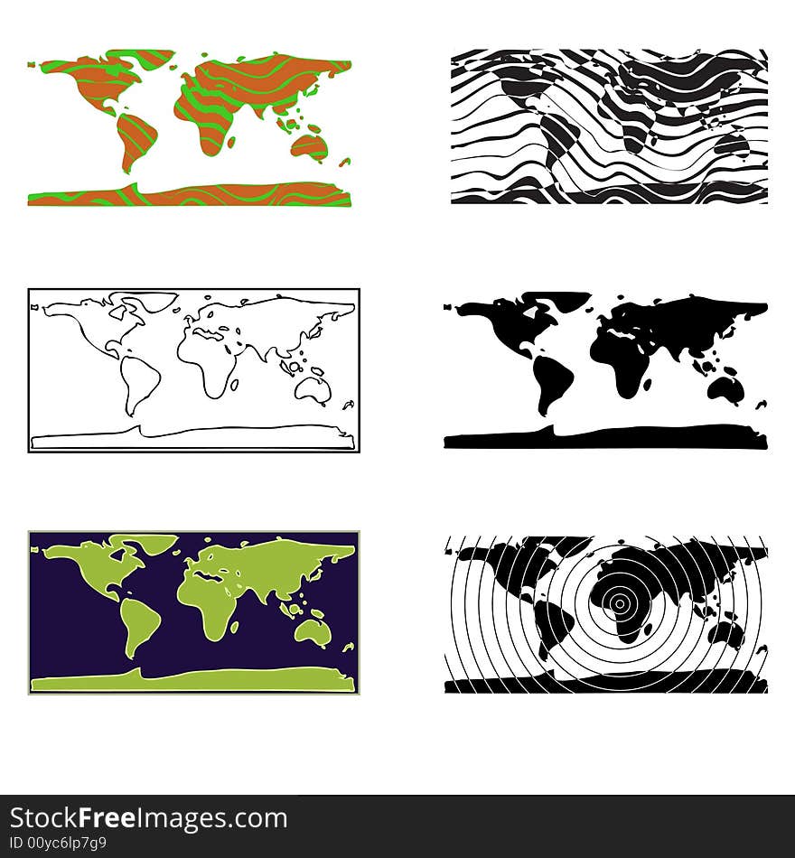 Vector illustration of six different world stylized maps