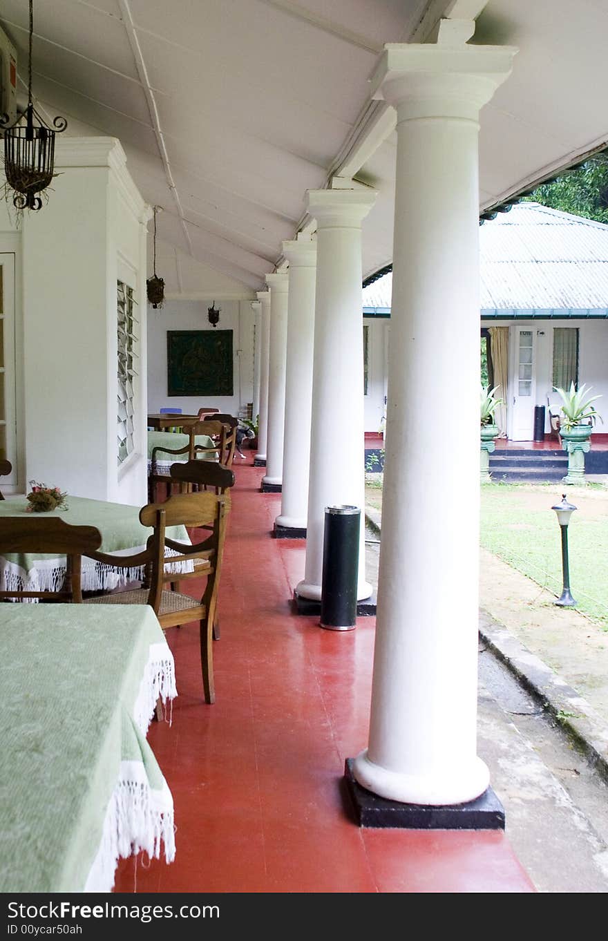 Verandah in the open air cafe of the old hotel. Verandah in the open air cafe of the old hotel