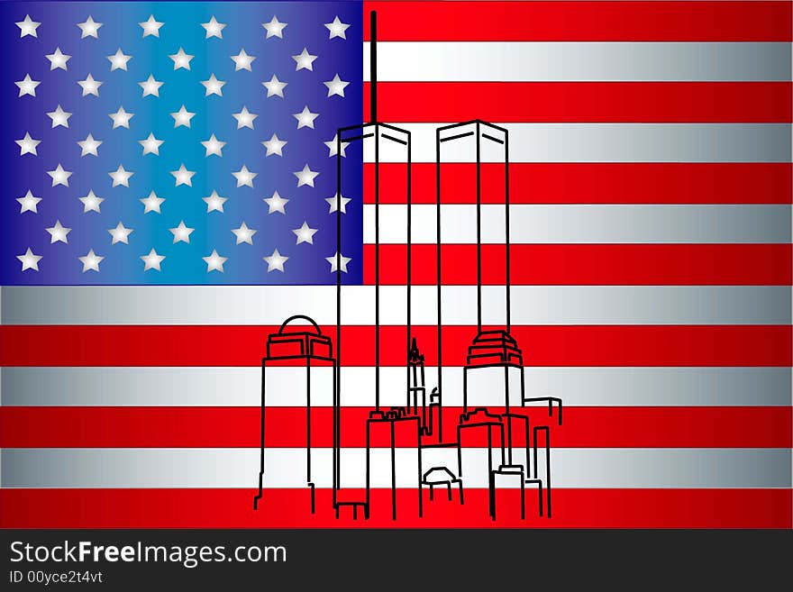 Vector illustration of silhouettes of the World Trading Center on a background of the American flag. Vector illustration of silhouettes of the World Trading Center on a background of the American flag