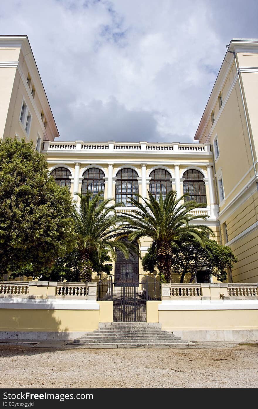 Building with palm trees