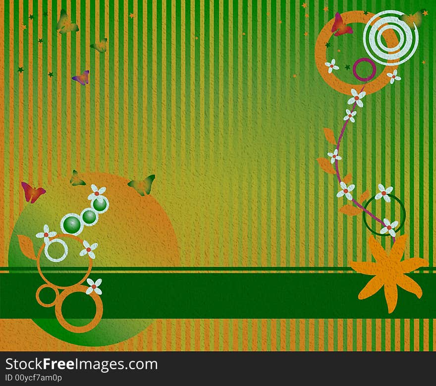 Abstract colored background with vertical lines, flowers, butterflies and various circles. Abstract colored background with vertical lines, flowers, butterflies and various circles