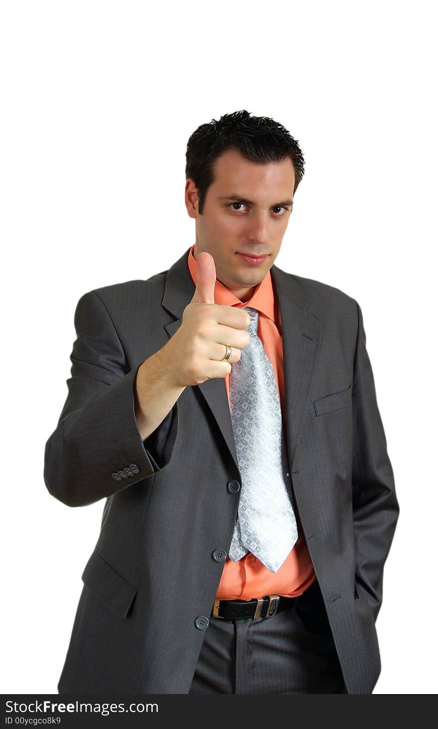 A man, wearing suit and unbuttoned shirt and tie, pointing his thumb up. A man, wearing suit and unbuttoned shirt and tie, pointing his thumb up