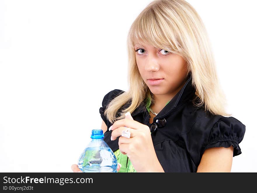 Attractive young women drink water - white background. Attractive young women drink water - white background