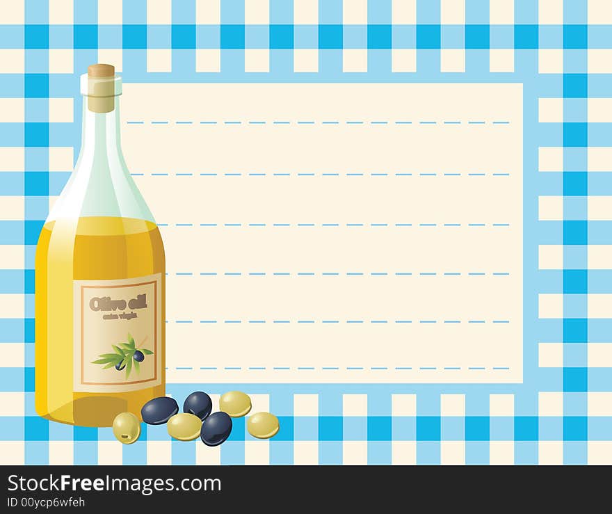 Vector card with bottle of olive oil, green and black olives on the chequered table-cloth background. Vector card with bottle of olive oil, green and black olives on the chequered table-cloth background