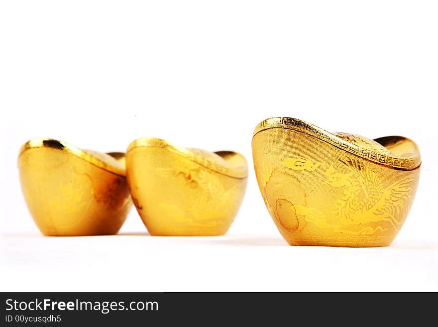 Chinese Gold Ingots In Isolated Whi