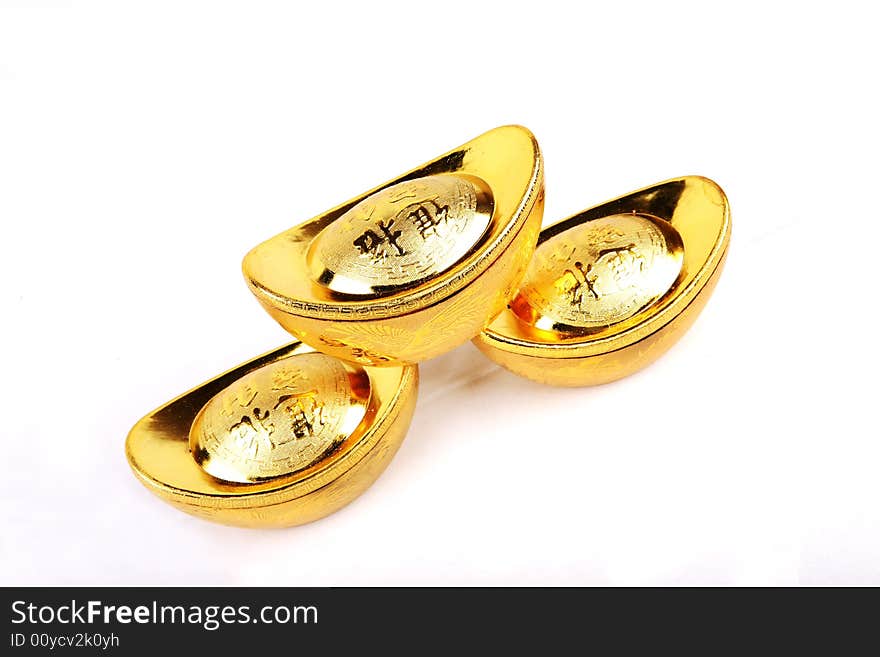 Chinese Gold Ingots In Isolated Whi