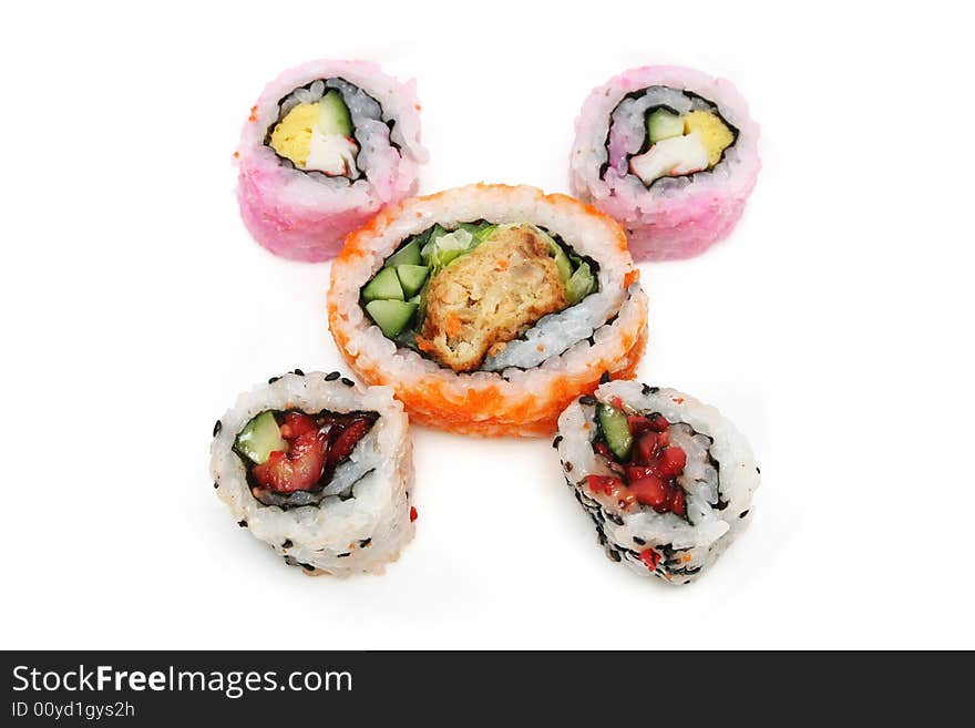 Five pieces of Japanese sushi rolls on white background.