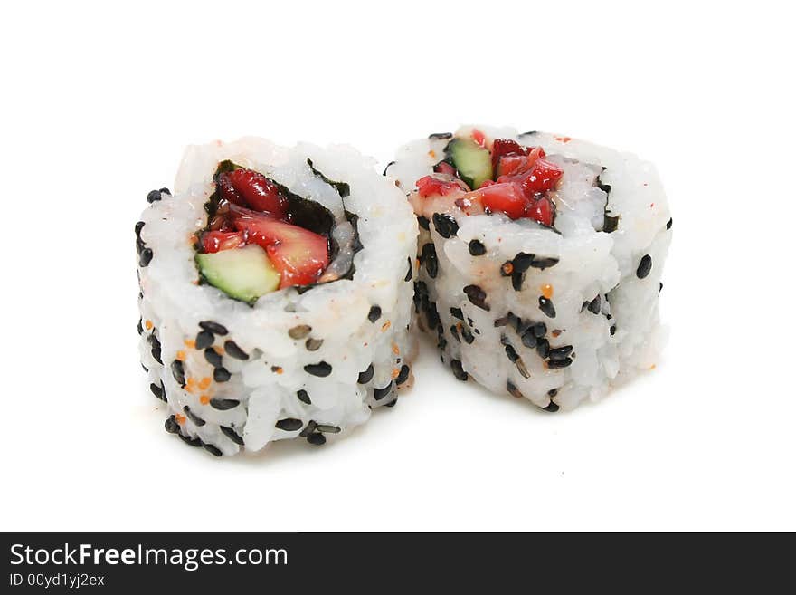 Two pieces of Japanese sushi roll on white background. Two pieces of Japanese sushi roll on white background.