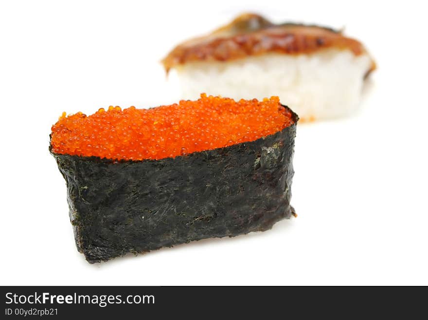 Close up of a salmon egg sushi over white background. Close up of a salmon egg sushi over white background.