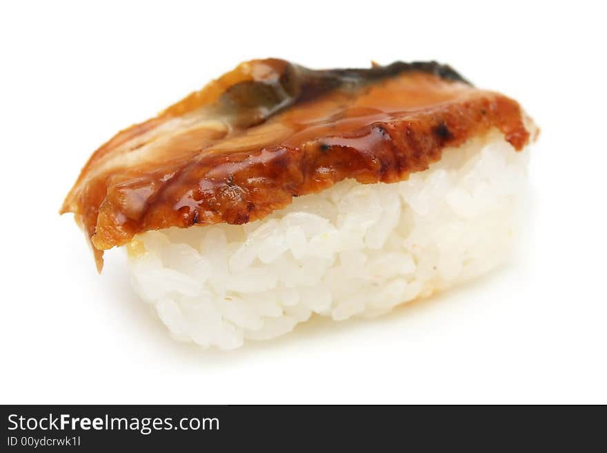 A barbecued salmon sushi on white background.