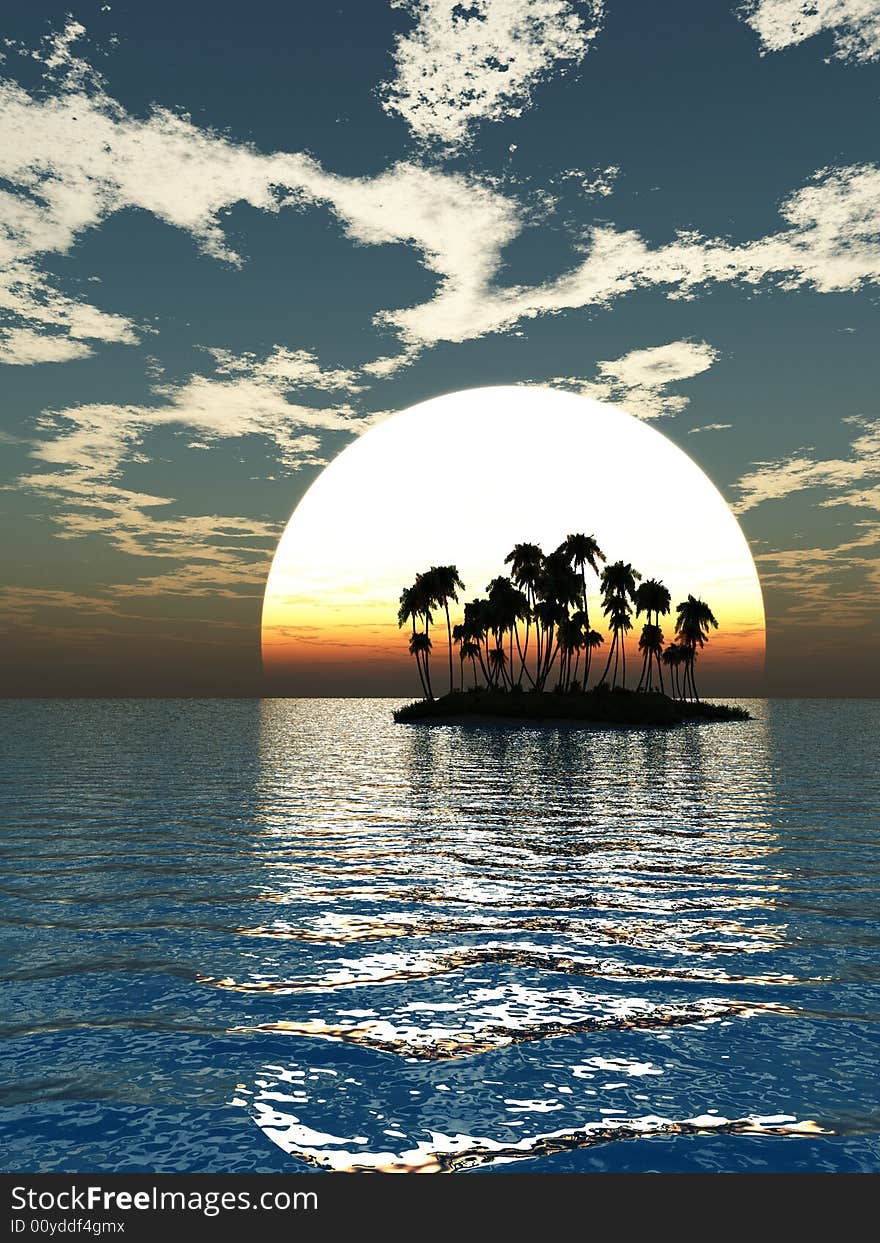 Sunset coconut palm trees on small island - 3d illustration.