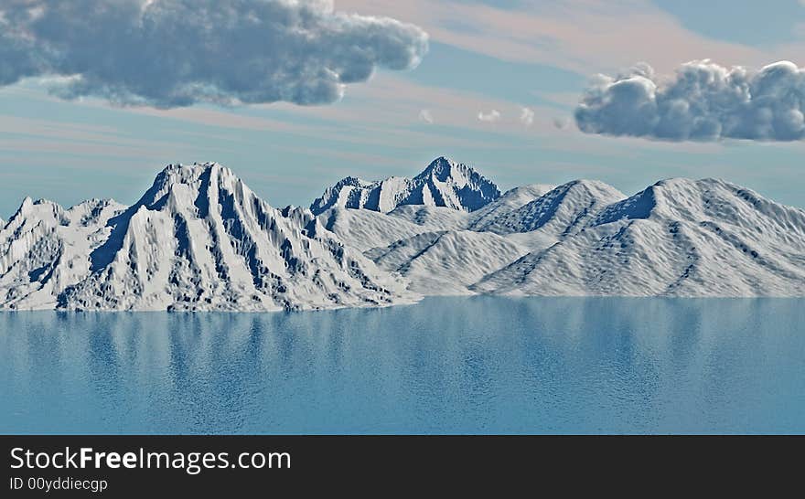 Snow peak mountains on a blue sea - 3d scene.