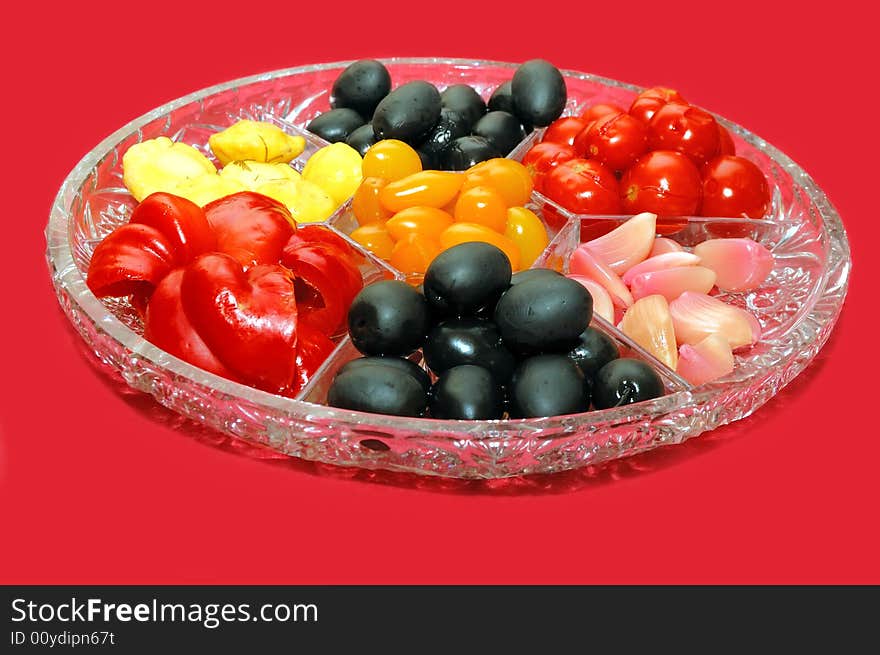 Tomato, olives and sweet pepper on the plate