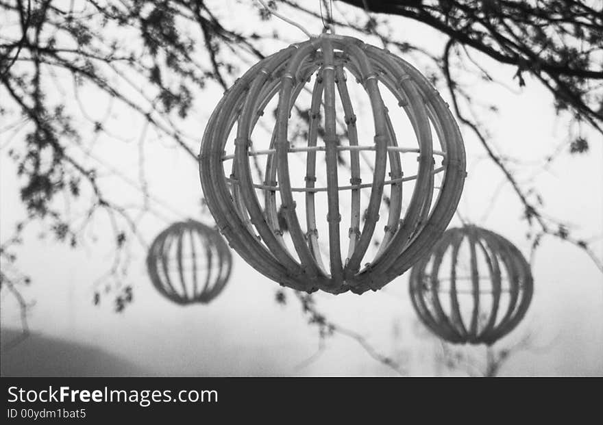 Wooden globes hanging from trees in city park. Wooden globes hanging from trees in city park