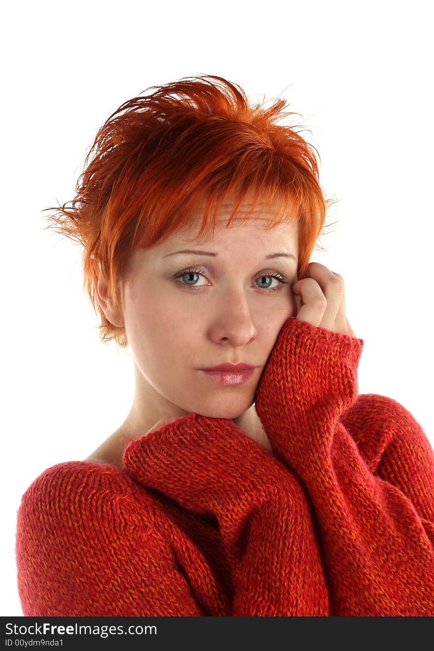 Sad red haired woman isolated on white background