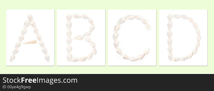 Seashell letters on white background, letter A,B,C,D. Seashell letters on white background, letter A,B,C,D