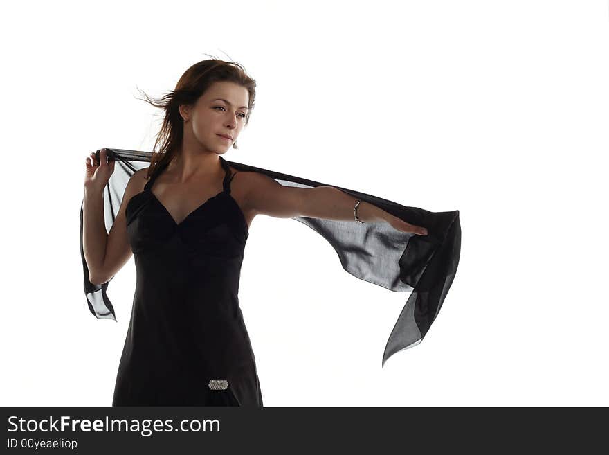 Girl in black dress with scarf isolated on white background