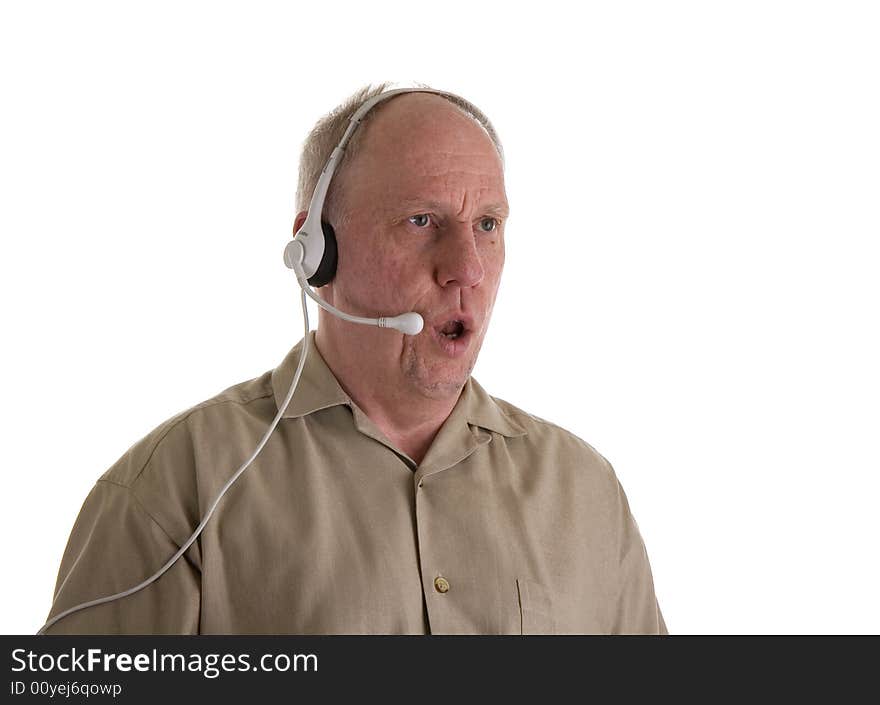 A customer service person in a telephone headset saying no. A customer service person in a telephone headset saying no