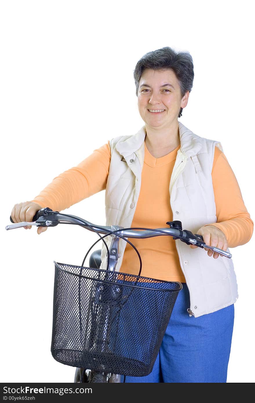 Senior woman on cycle isolated on white background