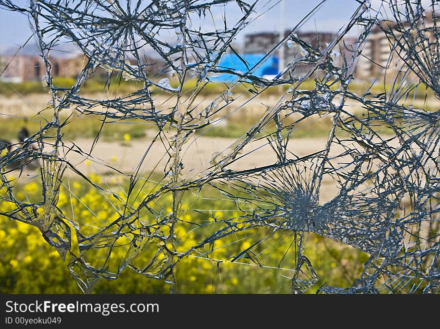 Broken window by young vandals. Broken window by young vandals