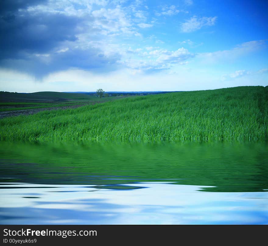 An image of green field and blue sky with clouds